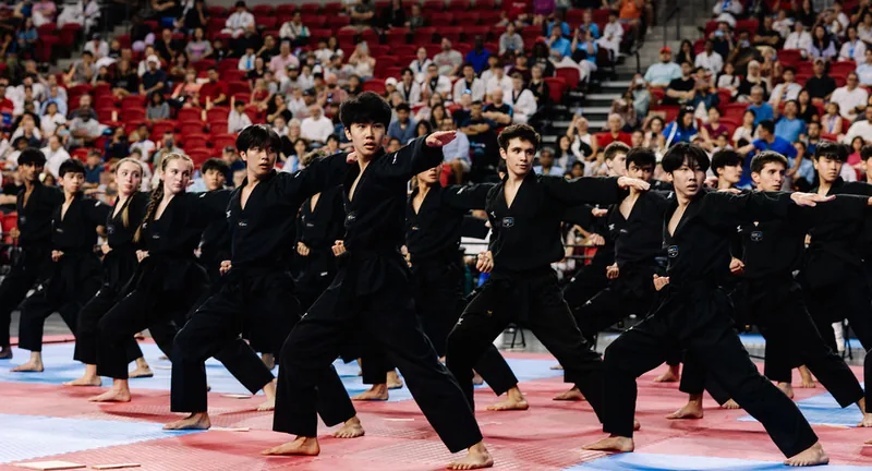 The Demo Team in black uniforms performing in front of a crowd